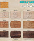 Wood cutting board set featuring bamboo, maple, cherry, and walnut with Jennings engraved round logo; multiple sizes shown.