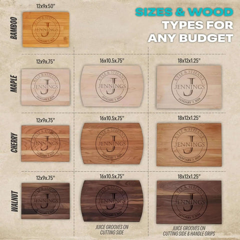 Wood cutting board set featuring bamboo, maple, cherry, and walnut with Jennings engraved round logo; multiple sizes shown.
