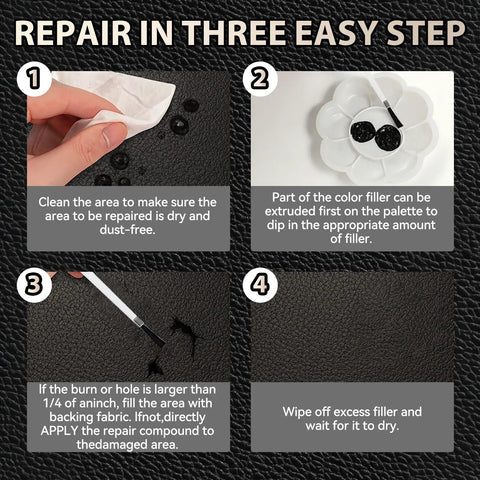 Repair instructions using Leather Repair Kit For Cars And Home Furniture, Fast Drying Liquid Compound To Fix Scratches