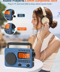 Person using portable AM FM shortwave radio with NOAA weather alert, 4000mAh battery, big speaker, digital tuner, stereo earphones.