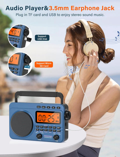 Person using portable AM FM shortwave radio with NOAA weather alert, 4000mAh battery, big speaker, digital tuner, stereo earphones.