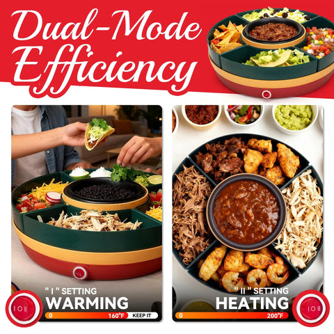 Lazy Susan Taco Bar Set With Lids And Four Rotating Taco Holders for Taco Tuesday featuring warming pot and toppings in dual-mode.