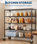 Rock Solid Heavy Duty 5 Tier Wire Shelving Rack On Rolling Casters With 3250 Lb Load Capacity For Garage Storage And Workshop Equipment Organization Adjustable Height Industrial Grade Carbon Steel Build Multi Purpose Storage Solution with pantry items and kitchen appliances.