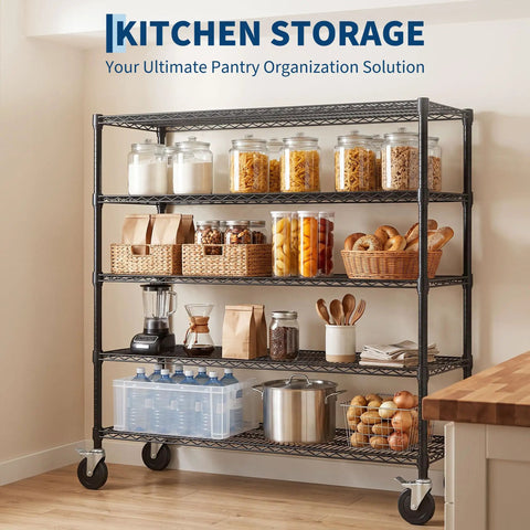 Rock Solid Heavy Duty 5 Tier Wire Shelving Rack On Rolling Casters With 3250 Lb Load Capacity For Garage Storage And Workshop Equipment Organization Adjustable Height Industrial Grade Carbon Steel Build Multi Purpose Storage Solution with pantry items and kitchen appliances.