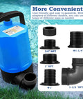 Beefed Up 1 HP Submersible Sump Pump With 4500 GPH Flow, showing hose adapters, portable thermoplastic design