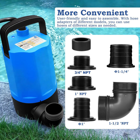 Beefed Up 1 HP Submersible Sump Pump With 4500 GPH Flow, showing hose adapters, portable thermoplastic design