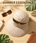 2-In-1 Women's Sun Visor Hat With Wide Brim Or Zip-Off Top on sand with sunglasses and sunscreen