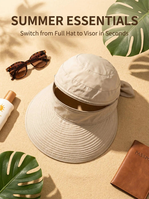 2-In-1 Women's Sun Visor Hat With Wide Brim Or Zip-Off Top on sand with sunglasses and sunscreen