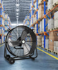 24 Inch High Velocity Industrial Drum Fan With 8100 CFM in warehouse setting