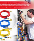 Three 72-inch HVAC refrigerant hoses in red, blue, and yellow with 1/4 in flare fittings and compact ball valves