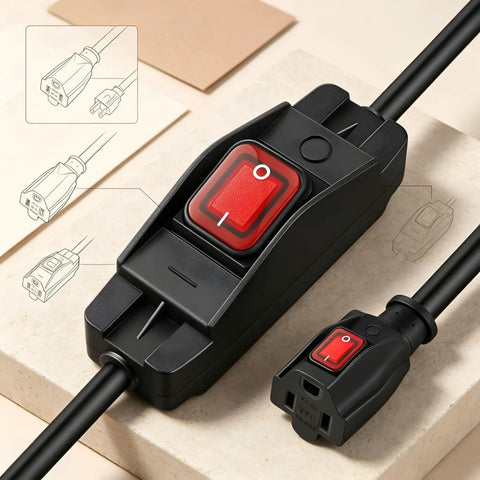 Heavy Duty 3 Prong Extension Cord Built Solid With Real 14 AWG Cable 6.6 Ft Black Wire Works Like A Charm On Power Tools And Home Gear Plus Inline Switch showing inline switch and connectors.