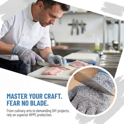 Chef using Level 9 Cut Resistant HPPE Kitchen Gloves Pro Grade Heavy Duty Food Safe For Meat Carving Mandoline Slicing And High Volume Prep Ideal For Butchers Fishmongers Oyster Shuckers And Serious Home Chefs for slicing meat