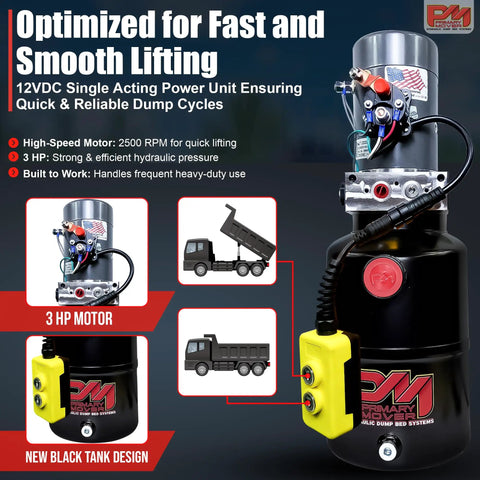 12V DC Single Acting Dump Trailer Hydraulic Pump With Steel Reservoir And Remote Controller, 6 Quart Capacity, power unit