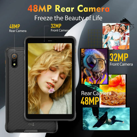Hardcore 8 Inch Rugged Tablet Packed With Octa Core Processor And 16GB RAM And 128GB Storage Featuring 48MP Camera System And Massive 7650mAh Battery Built Rock Solid To Handle Any Grind With IP69K Waterproofing And Android 13 display showing 48MP and 32MP camera highlights.
