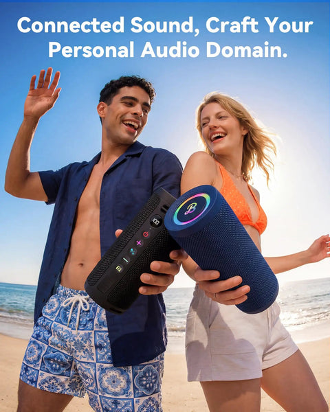 People on a beach holding Roar 3 Bass-Boosted Portable Bluetooth Speaker With 20W Thumpin Bass, RGB Lights, Waterproof, Bluetooth 5.4.