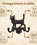Built Tough Cast Iron Cat Wall Hooks With Double Loop Design showcasing vintage cat shape, double hooks, rustic brown, ideal for organization.