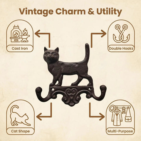 Built Tough Cast Iron Cat Wall Hooks With Double Loop Design showcasing vintage cat shape, double hooks, rustic brown, ideal for organization.