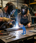 Heavy Duty Welding Holder With Strong Magnetic Base For Stable MIG Torch Stand and Workbench Bracket Anti Slip Grip For Precision Fabrication Jobs In The Shop Or At Home used in workshop by two welders.