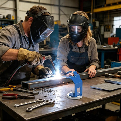 Heavy Duty Welding Holder With Strong Magnetic Base For Stable MIG Torch Stand and Workbench Bracket Anti Slip Grip For Precision Fabrication Jobs In The Shop Or At Home used in workshop by two welders.