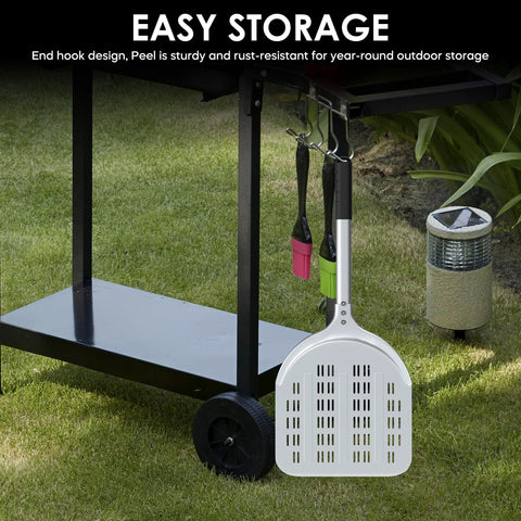 Front view of 12-inch aluminum perforated pizza peel with hanging hook for outdoor pizza oven use.