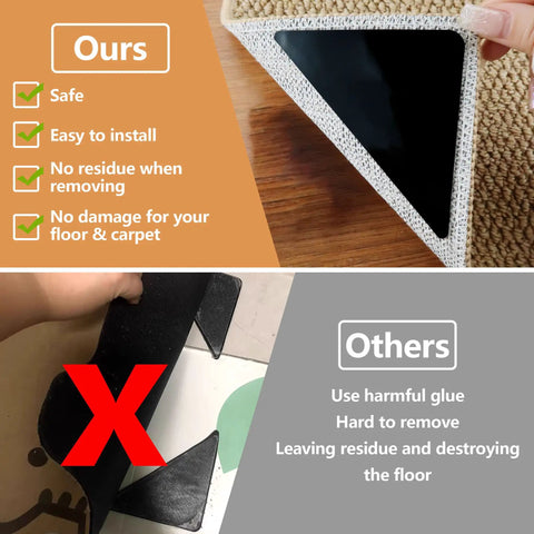 Comparison of our Eight Pack Non Slip Rug Gripper Pads with no residue and others leaving residue.