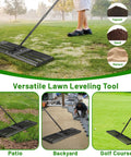 Heavy Duty Lawn Leveling Rake With 68 Inch Adjustable Stainless Steel Handle in use on lawn, backyard, and golf course.