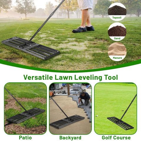 Heavy Duty Lawn Leveling Rake With 68 Inch Adjustable Stainless Steel Handle in use on lawn, backyard, and golf course.