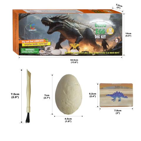 Interactive Dinosaur Eggs Dig Kit with 12 pieces, showing packaging, chisel, egg, and dinosaur card for science and STEM experiments.