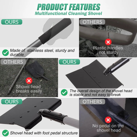Comparison of multifunctional cleaning shovel features showing stainless steel handle and sturdy shovel head over others