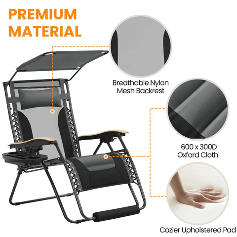 Zero Gravity Patio Lounge Chair With Cup Holder Tray Canopy Shade And Headrest Padded Adjustable Recliner in gray and black