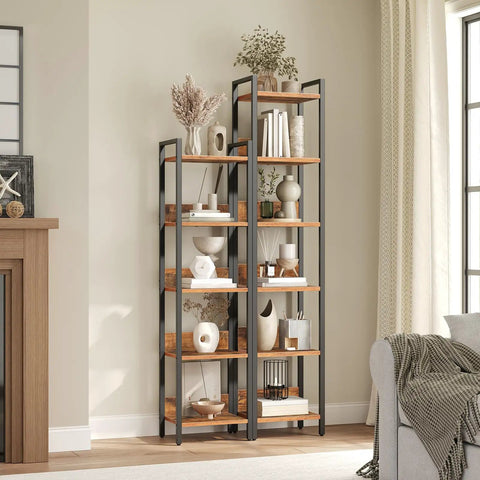 Keep Your Home Looking Fresh With This Five Tier Bookshelf, Tough As Nails Metal Standing Shelves For Tight Spaces, Rustic Brown And Black Storage Organizer That Always Delivers in living room