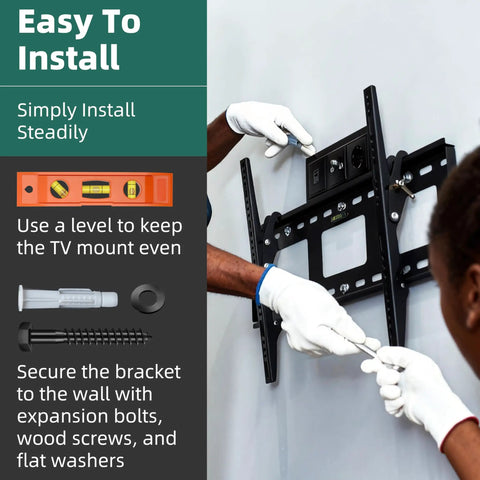 Installing TV Wall Mount Screws Kit 23-Pack Heavy Duty M8x65mm Lag Bolts With Washers and using level for alignment.