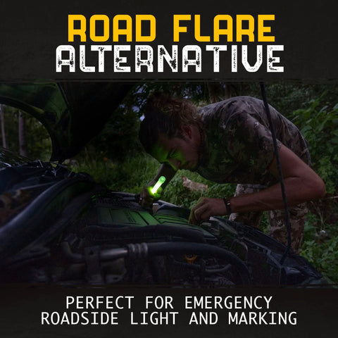 Person using Lit Ultra Bright Glow Sticks Bulk Pack Multi Color For Parties Camping Emergency Light And Survival Kit With 12 Hour Duration Ideal For Nighttime Events as a road flare alternative.