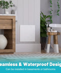 Breezy Peel And Stick Self Adhesive Access Panel 12X12 Plastic Wall Hole Cover for bathroom installation with wooden decor.