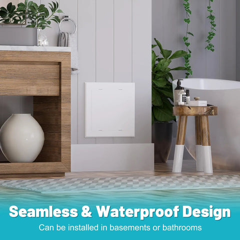 Breezy Peel And Stick Self Adhesive Access Panel 12X12 Plastic Wall Hole Cover for bathroom installation with wooden decor.