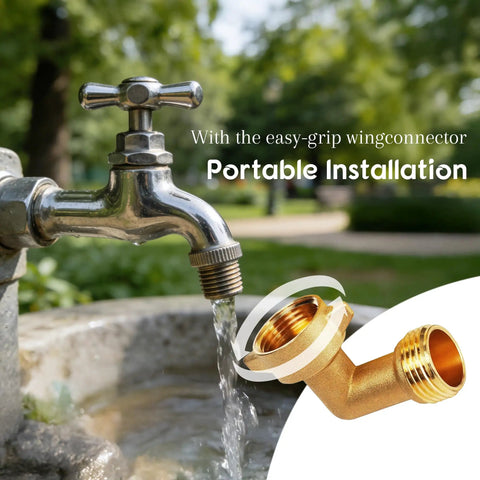 Two Pack Brass 90 Degree Garden Hose Elbow Connectors for Three Quarters Inch Hoses shown near outdoor tap with washer