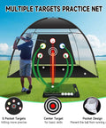 10x7ft Golf Practice Net With Heavy Duty Base Dual Turf Mat For Indoor And Outdoor Use Built To Take Serious Swings In Garages Backyards Lawns And Sandy Areas Durable Nylon Polyester Construction With Quick Setup showcased with multiple targets and a golfer aiming at the center on a grassy field.