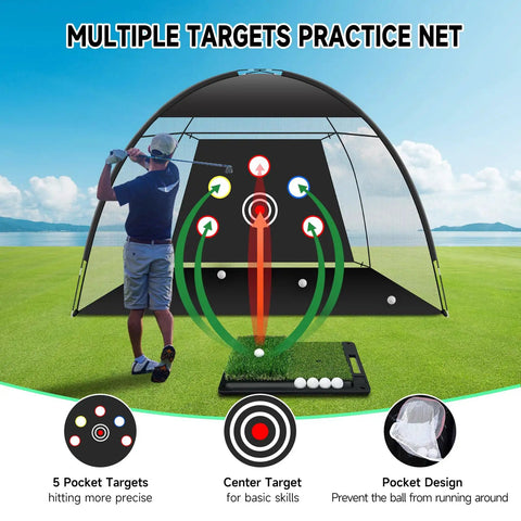 10x7ft Golf Practice Net With Heavy Duty Base Dual Turf Mat For Indoor And Outdoor Use Built To Take Serious Swings In Garages Backyards Lawns And Sandy Areas Durable Nylon Polyester Construction With Quick Setup showcased with multiple targets and a golfer aiming at the center on a grassy field.