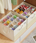 Plus Size 2 Pack Shoe Organizer For Closet Featuring Foldable Fabric Boxes Holds A Massive 24 Pairs Vertically in beige.