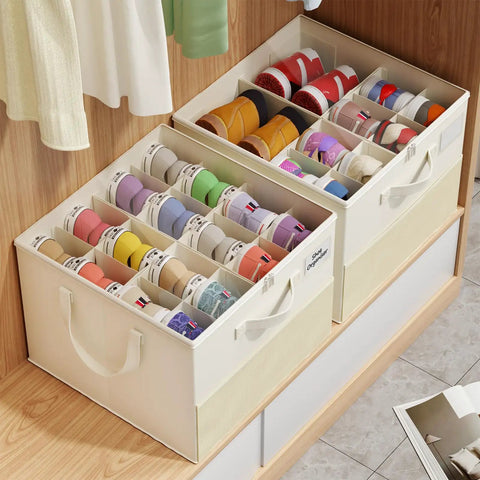 Plus Size 2 Pack Shoe Organizer For Closet Featuring Foldable Fabric Boxes Holds A Massive 24 Pairs Vertically in beige.