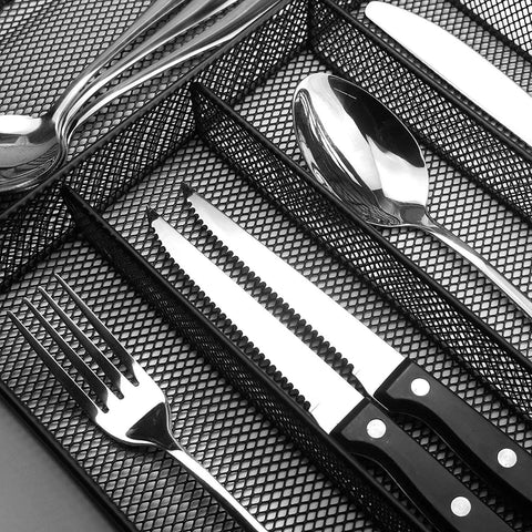 Durable Metal Mesh Silverware Organizer for Kitchen Drawers, Large 6 Compartment Flatware Tray in Black with utensils.