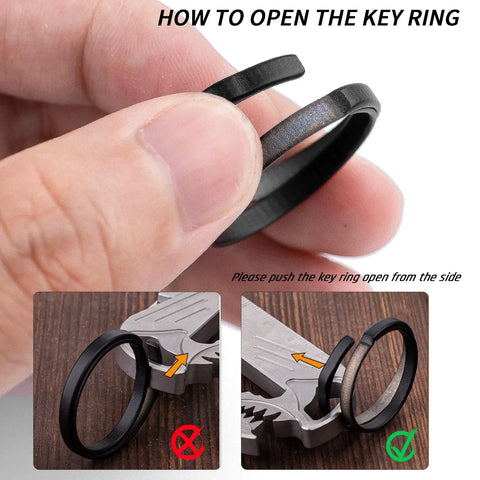 Heavy Duty Titanium Key Ring Set With Side Push Design For Easy One Hand Access Split Keyring And Carabiner Keychains For Car Keys Everyday Carry Ready Dog Tags And Essentials Black Finish K27x2 being used to open a key ring.