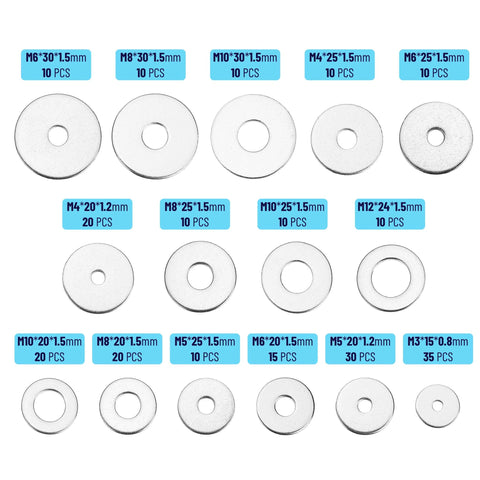 Front view of 230-piece stainless steel fender and flat washer assortment in 15 sizes (M3–M12).