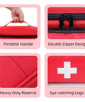 ALSLEA red first aid bag collage showing portable handle, double zipper, heavy-duty fabric, white cross logo.