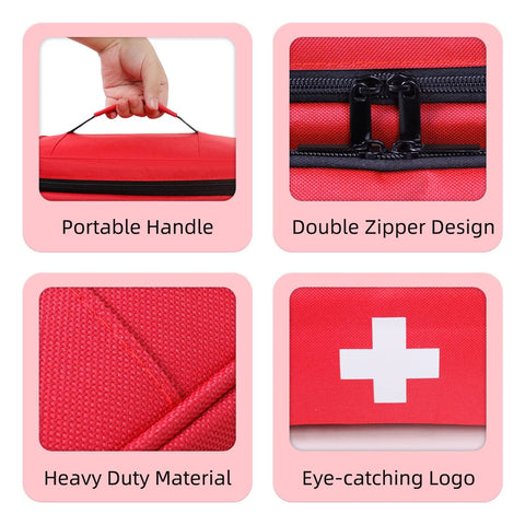 ALSLEA red first aid bag collage showing portable handle, double zipper, heavy-duty fabric, white cross logo.