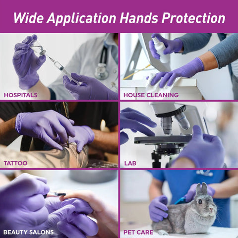Collage of various uses for Powder-Free Nitrile Exam Gloves Small Pack Of 100 Textured Fingertips For Top Grips And Sensitivity.