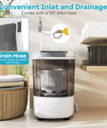 Super Duper Handy Portable Mini Washing Machine With Five Point Five Lbs Capacity And Quick Spin Tub, No Sweat Semi Auto Compact Laundry Washer For Tight Dorm Rooms And Rv Weekend Getaways, Chill Grey Vibe with 50" inlet hose and drainage setup.