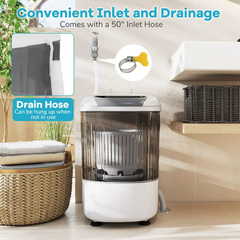 Super Duper Handy Portable Mini Washing Machine With Five Point Five Lbs Capacity And Quick Spin Tub, No Sweat Semi Auto Compact Laundry Washer For Tight Dorm Rooms And Rv Weekend Getaways, Chill Grey Vibe with 50" inlet hose and drainage setup.