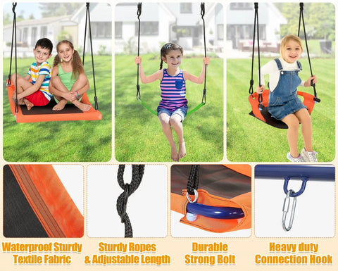Backyard Swing Set With 700 Lb Capacity Six In One Outdoor Kids Playset featuring children on three adjustable swings.