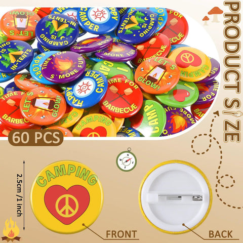 I Love Camp Pins For Kids 60 Pcs Outdoor Camping Button Accessories with colorful designs and clasp back view
